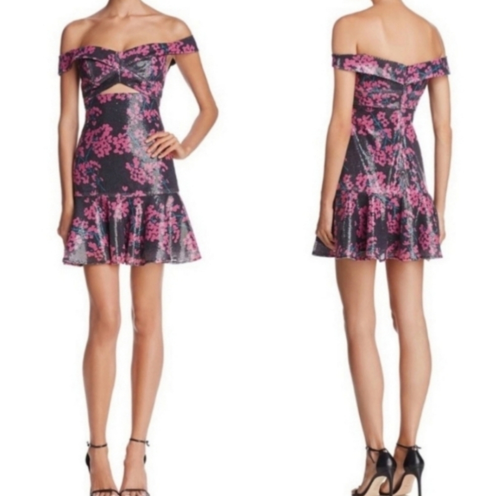 WAYF off shoulder cut out ruffle floral sequins dress New with tags